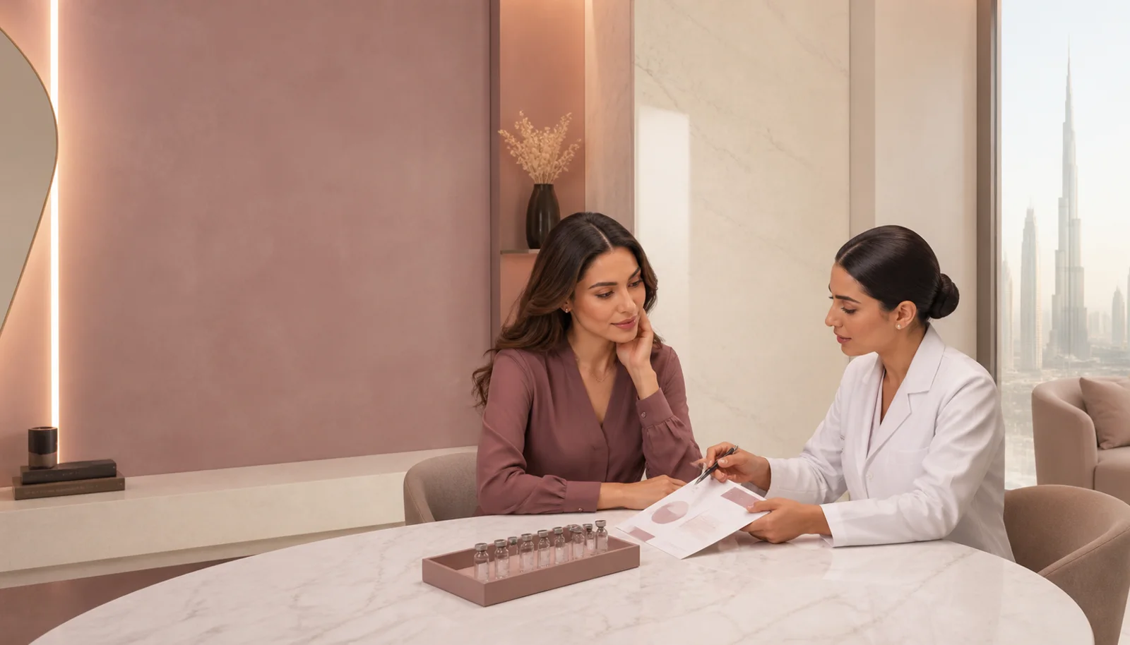 Illustrative evidence-aware consultation about a clinician-selected hair treatment
