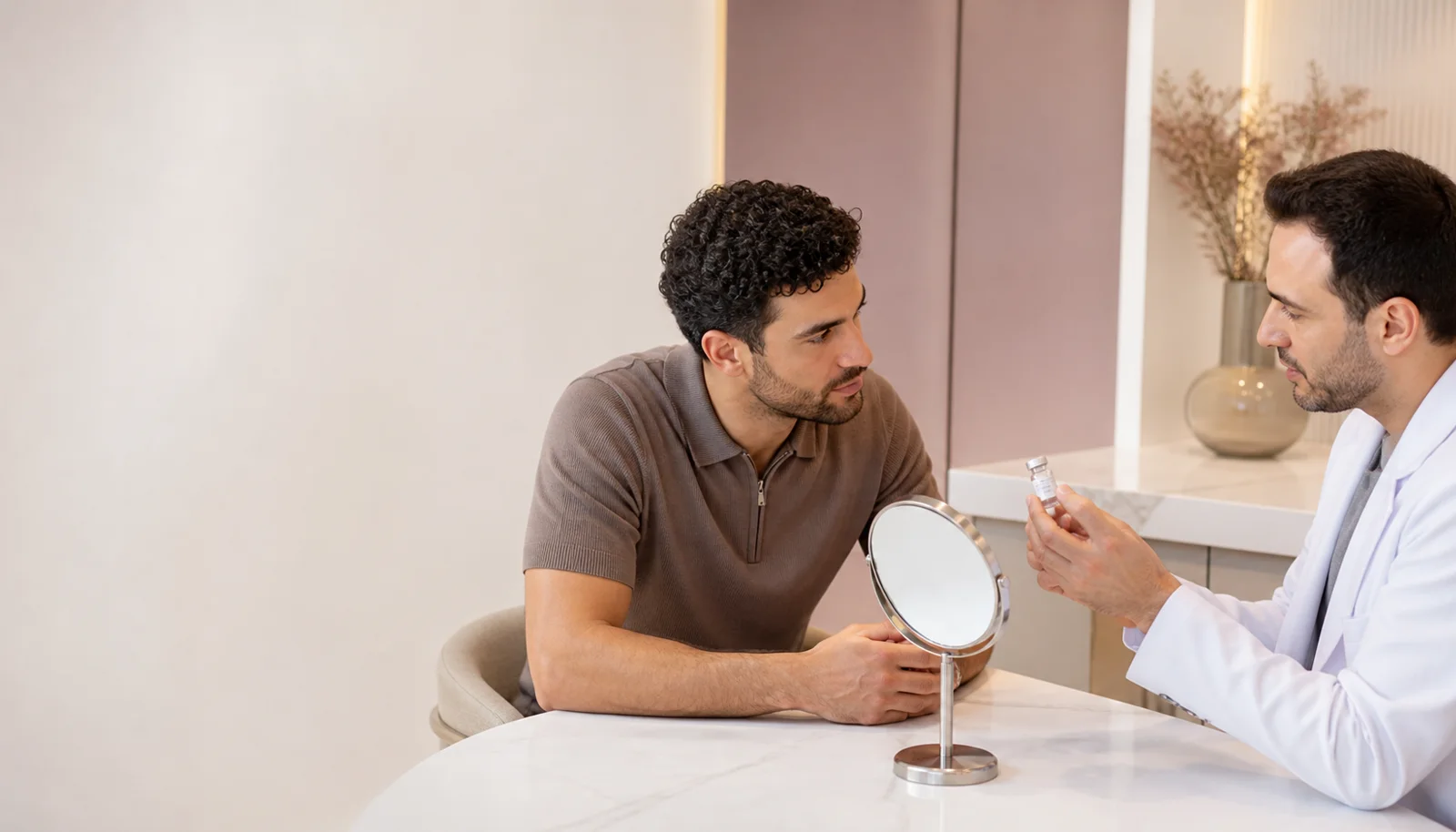 Illustrative clinician-led hair exosome consultation in a modern clinic