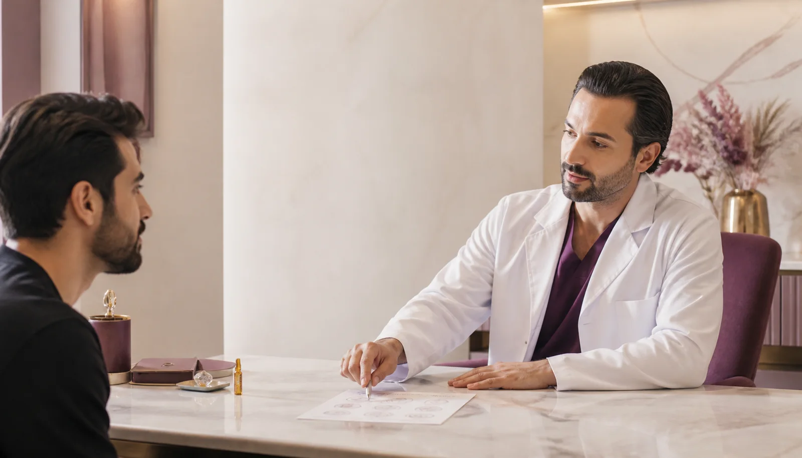 Illustrative clinician-led product discussion during a hair filler consultation