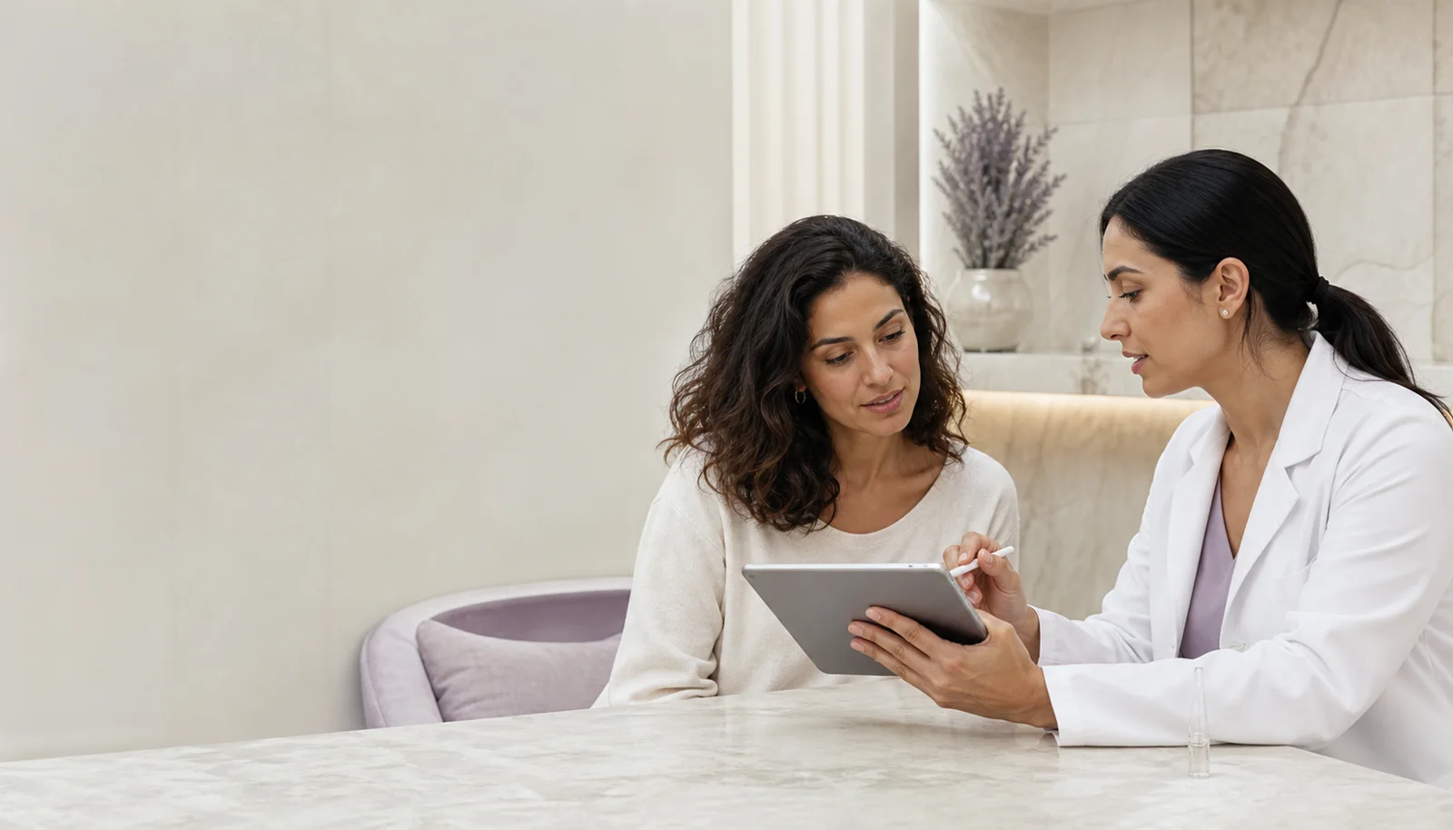 Illustrative clinician-led hair filler consultation in a modern Dubai clinic
