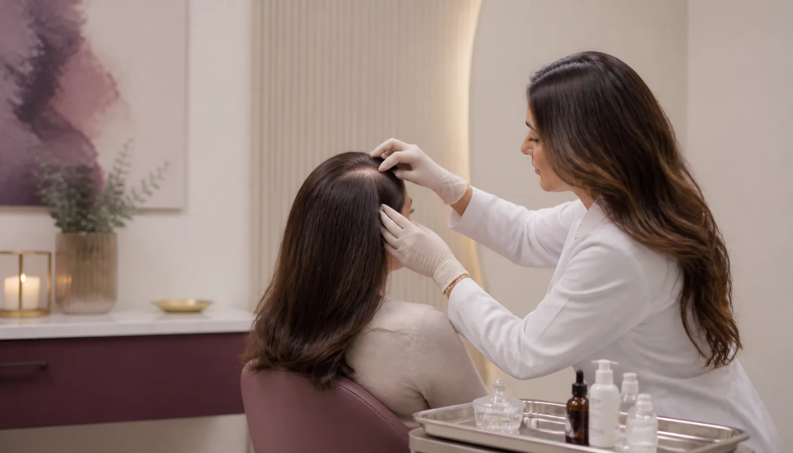 Illustrative clinician-led scalp assessment for a hair mesotherapy consultation