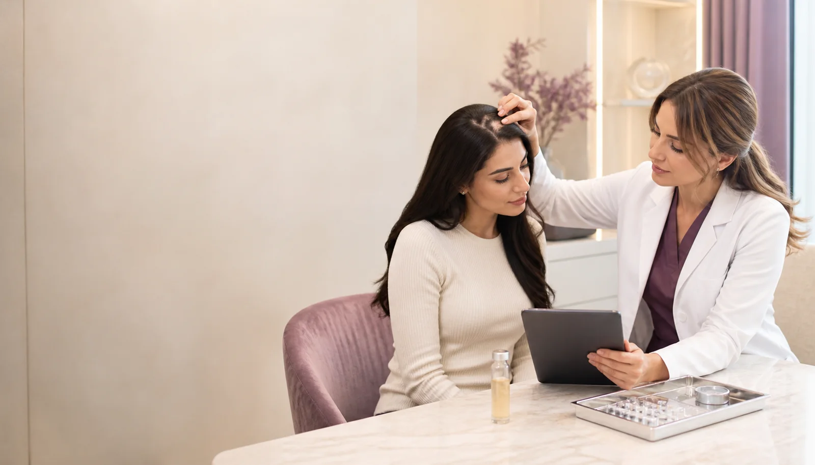 Illustrative clinician-led consultation about a combined PRP and mesotherapy hair treatment session