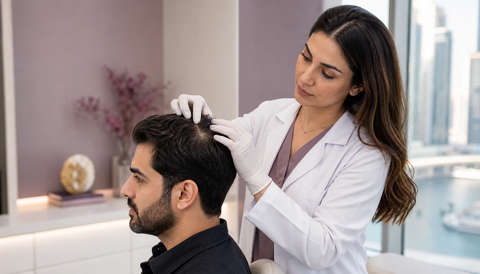 Illustrative clinician-led visual scalp assessment during a PRP hair consultation