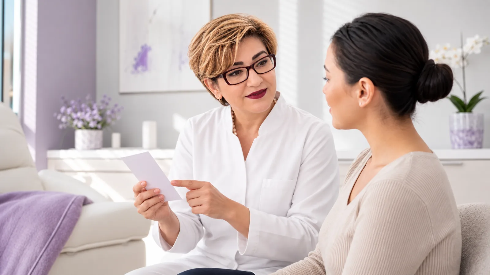 Mahan clinician discussing aftercare with an adult patient after an ear-piercing consultation
