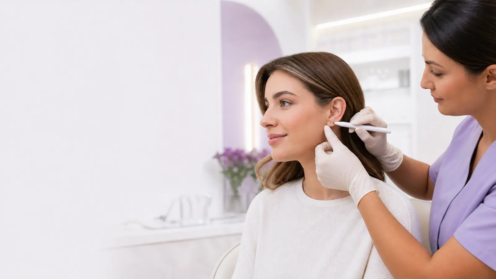 Illustrative clinician marking an adult patient’s earlobe before discussing ear-piercing placement