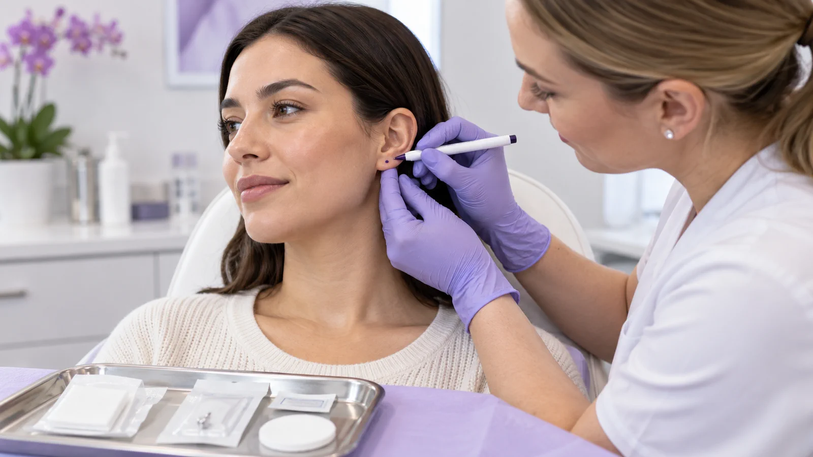 Clinician marking an earlobe placement before a professional ear-piercing appointment