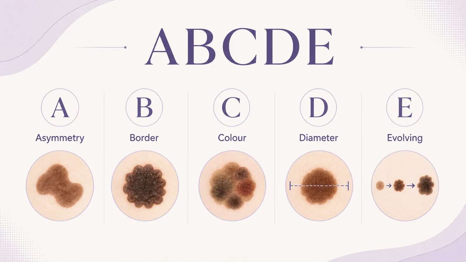 Original ABCDE mole-awareness graphic showing asymmetry, border, colour, diameter, and evolving changes