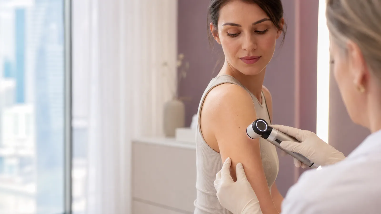Illustrative clinician-led assessment of a small mole on an adult patient’s upper arm