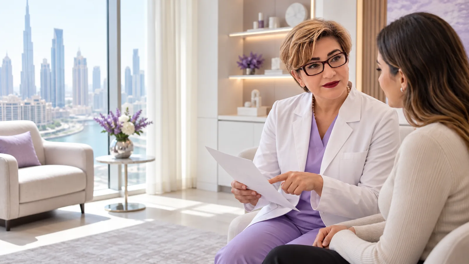 Mahan clinician and patient discussing individual skin-care next steps