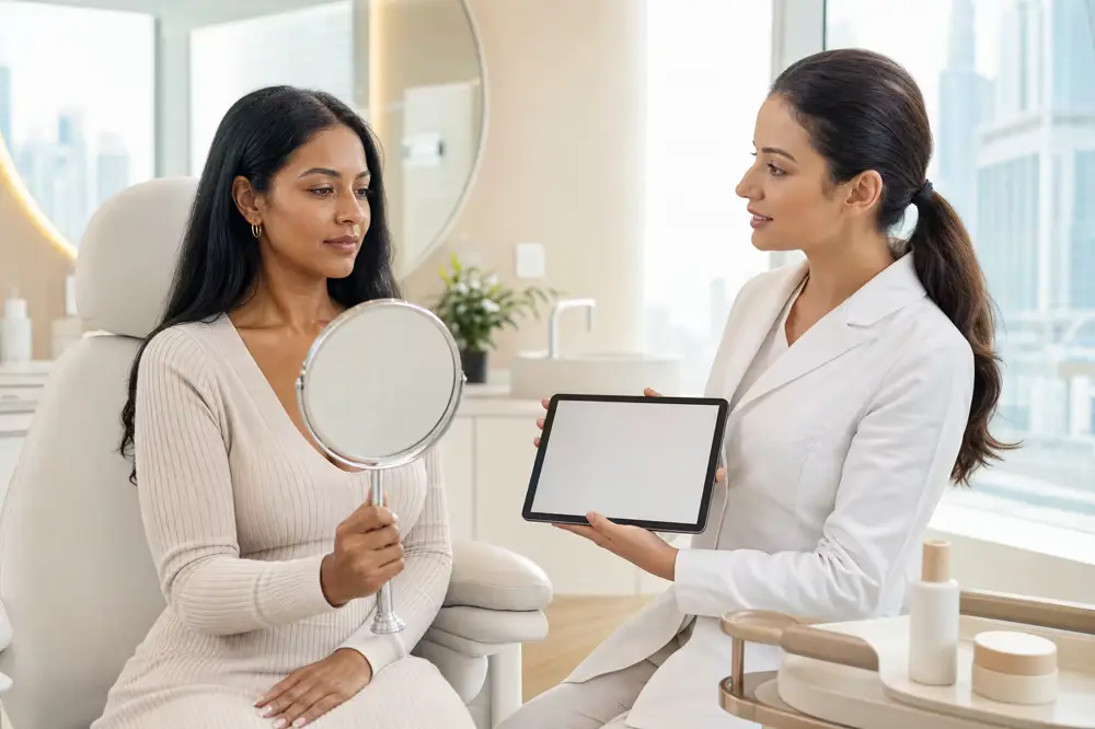 Illustrative clinician-led facial skin consultation in a Dubai treatment setting
