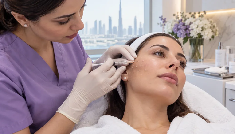 Fine superficial facial mesotherapy microinjections performed in a clinical setting