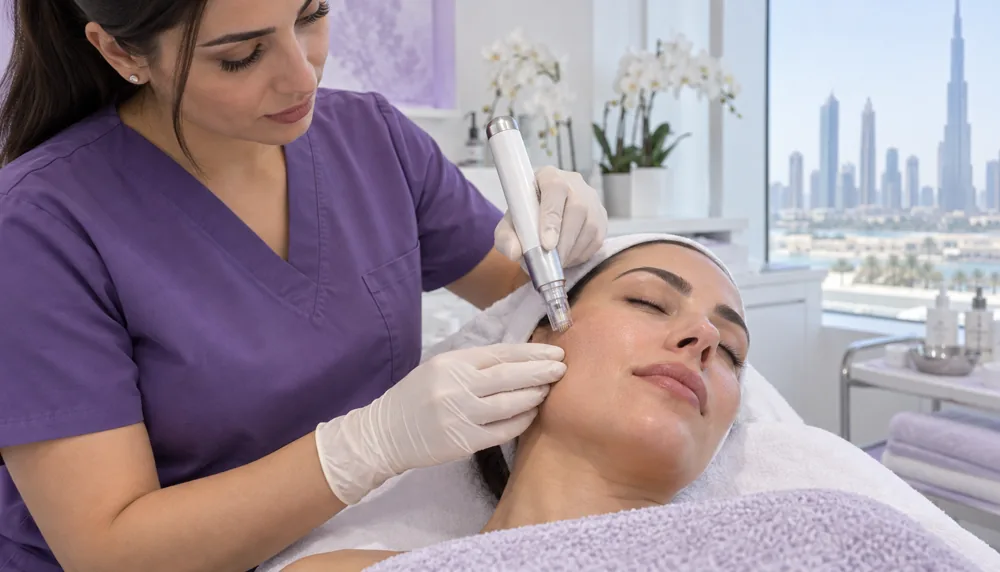 Professional microneedling pen with a sterile multi-needle cartridge applied to the cheek