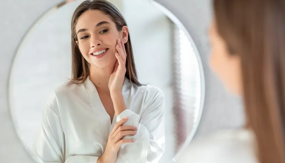Woman reviewing facial skin quality in a mirror after personalised skincare