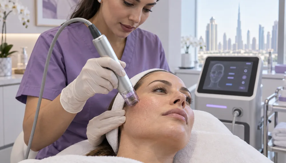 Professional RF microneedling handpiece and sterile cartridge applied to the cheek