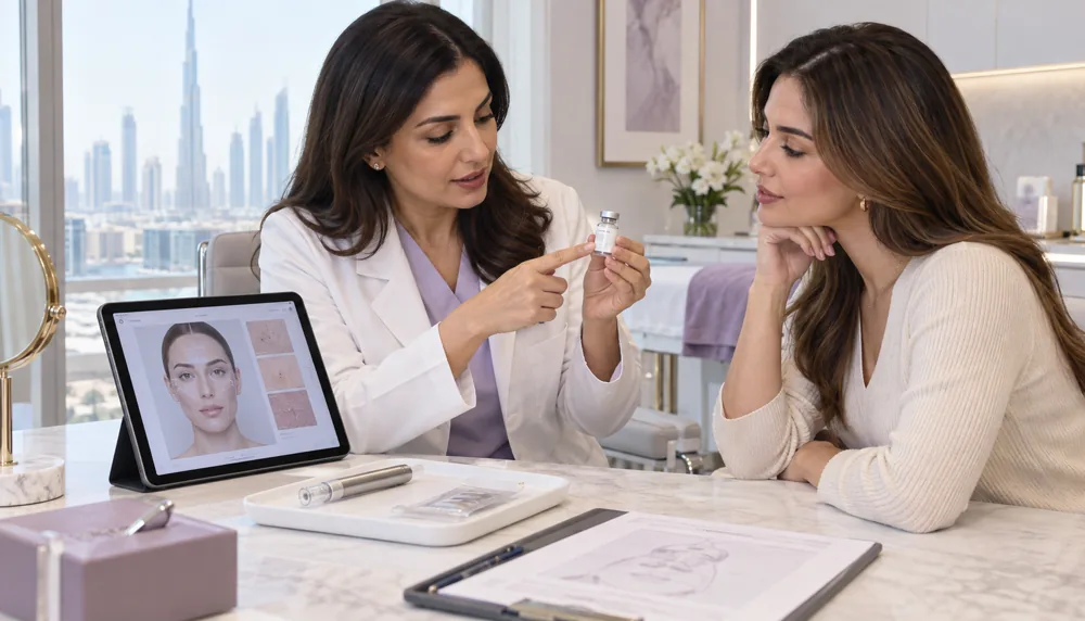 Clinician reviewing a sterile treatment vial, facial skin analysis, and a possible delivery method before an exosome consultation