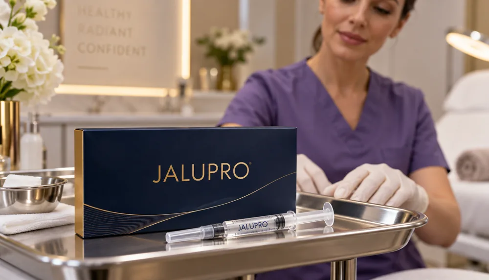 Jalupro syringe and product packaging prepared on a sterile clinical tray