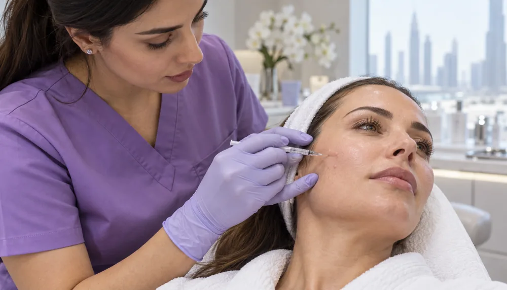 Fine superficial mesotherapy needle used for a carefully planned PDRN facial treatment