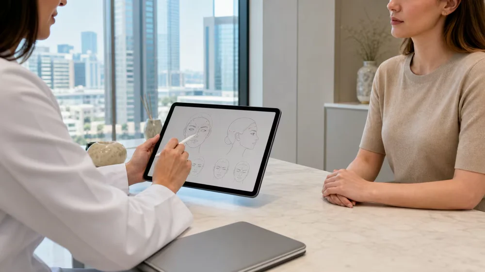 Patient and clinician discussing facial tissue support during a consultation