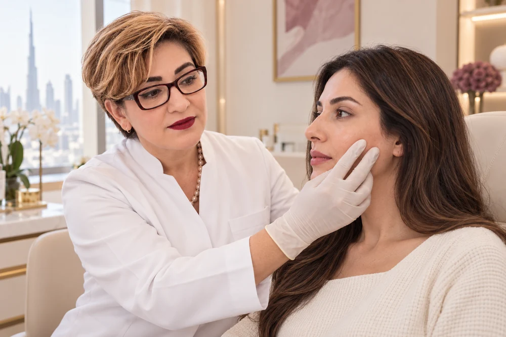 AI-generated illustration of a doctor assessing facial skin before a Salmon DNA consultation; not a patient result