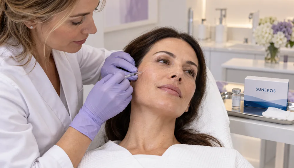 Clinician performing a fine superficial Sunekos skin-quality injection in the lateral cheek