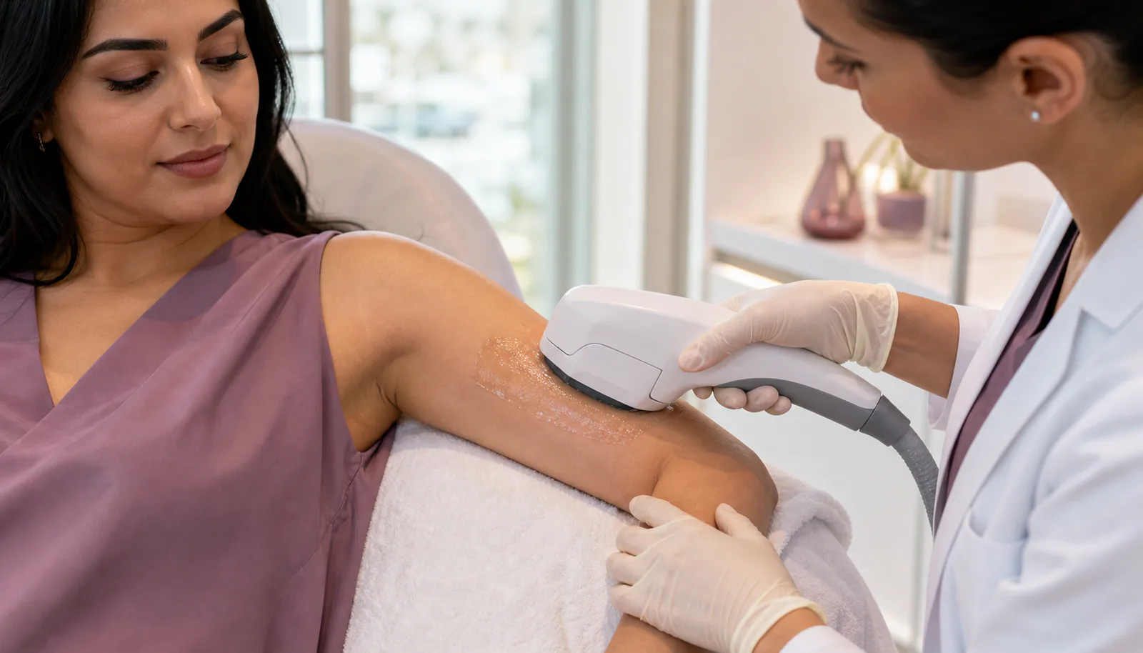 Illustrative HIFU handpiece used on a selected upper-arm skin area