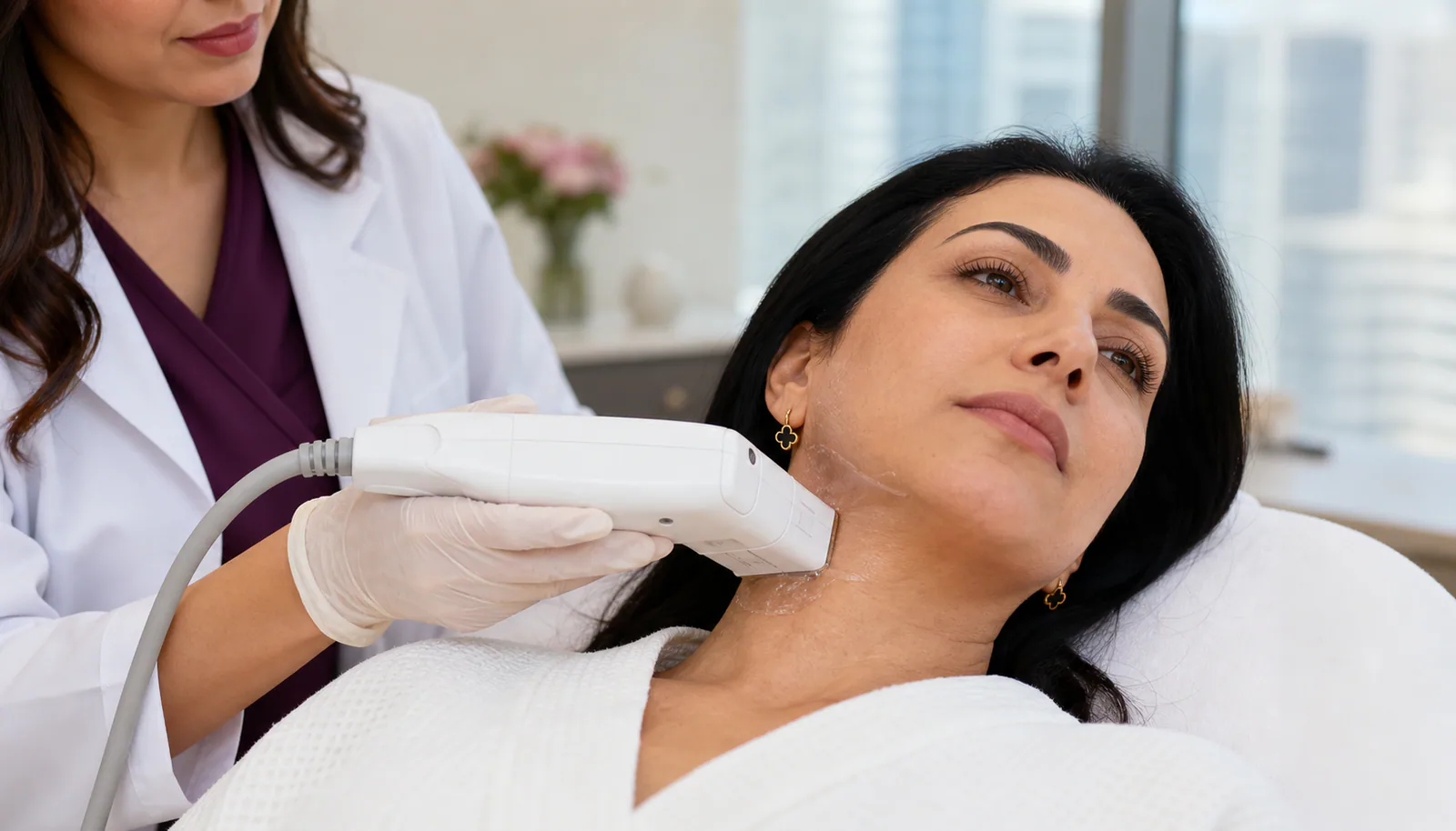 Illustrative HIFU handpiece positioned along the jawline and upper neck