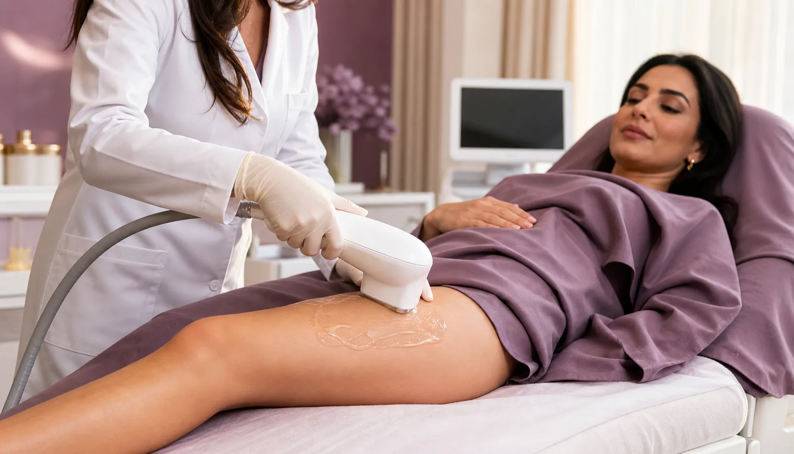 Illustrative HIFU handpiece used on a selected upper-leg skin area