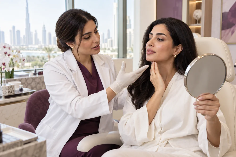 Clinician discussing facial treatment areas during a dermal filler consultation