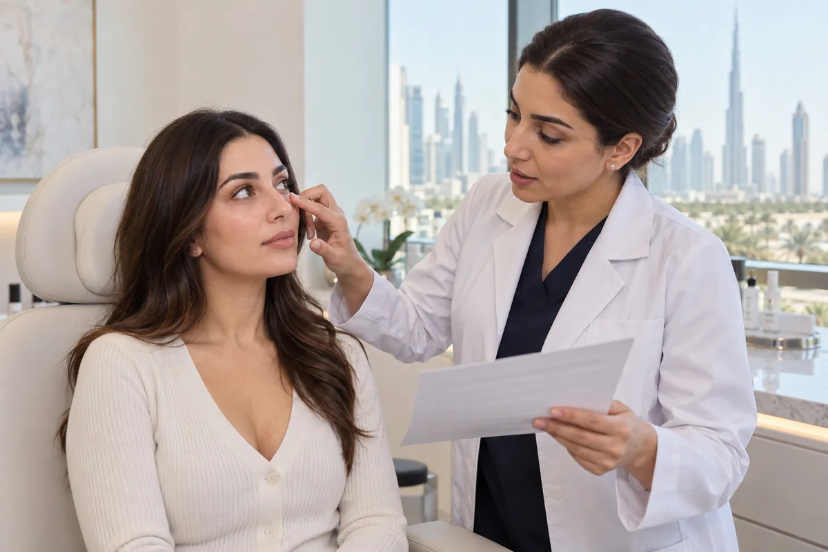 Clinician reviewing under-eye filler aftercare and follow-up guidance with a patient