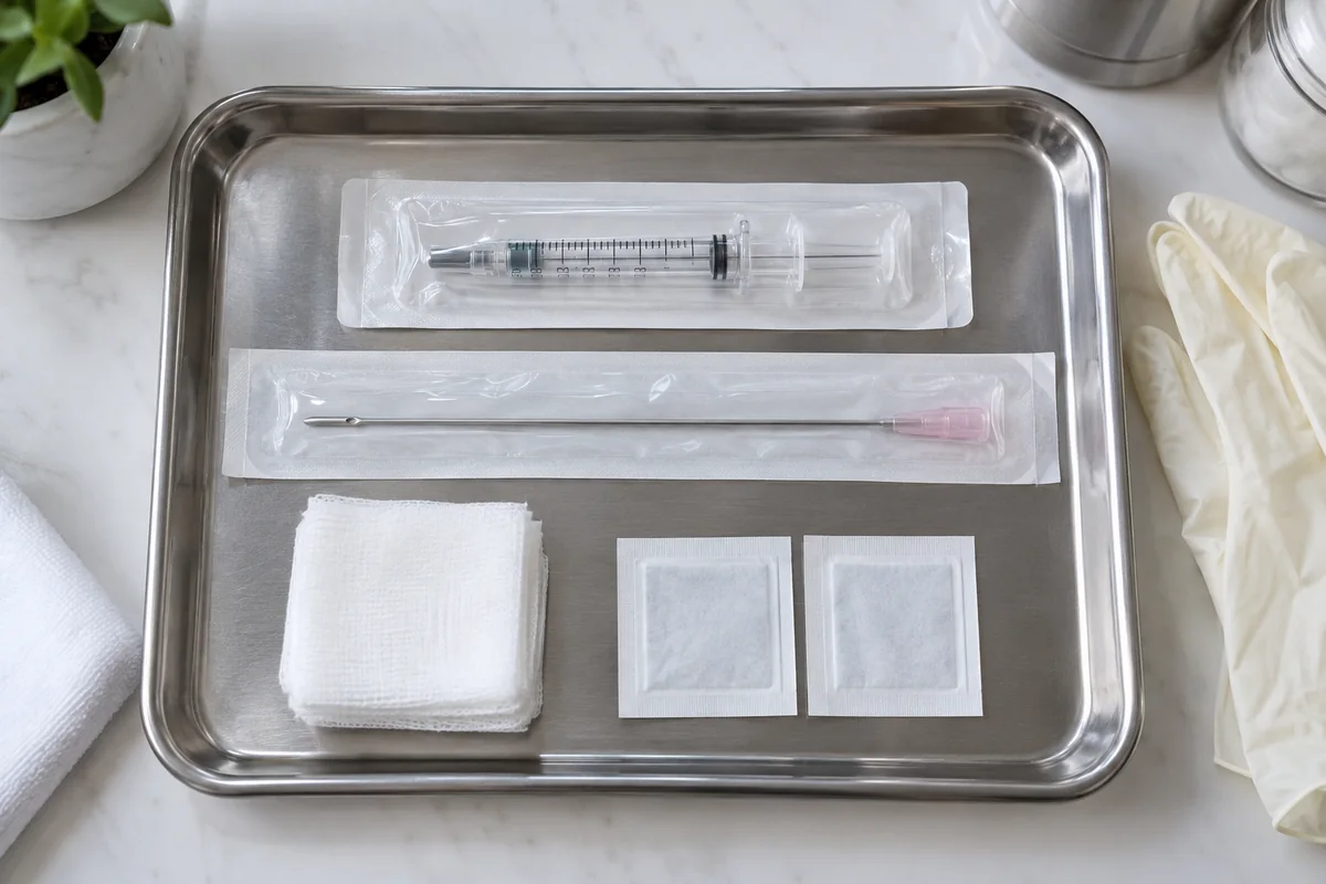 A sterile filler syringe and long blunt-tip cannula prepared for treatment