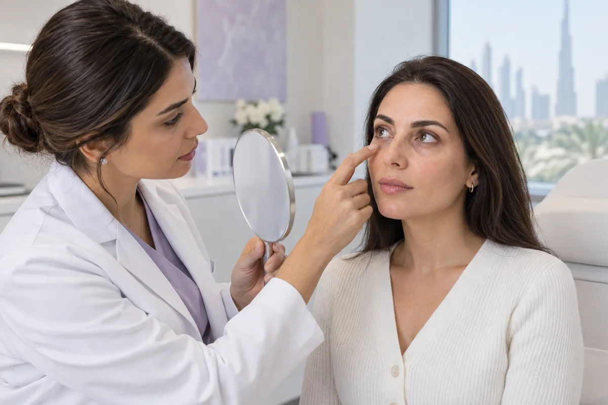 Clinician assessing the under-eye hollow and lid-cheek junction during consultation