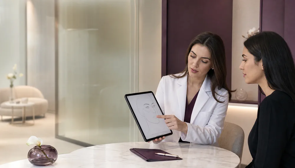 Illustrative clinician and patient reviewing an eye-area treatment plan during consultation