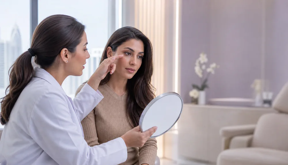 Illustrative clinician and patient reviewing the under-eye area during consultation