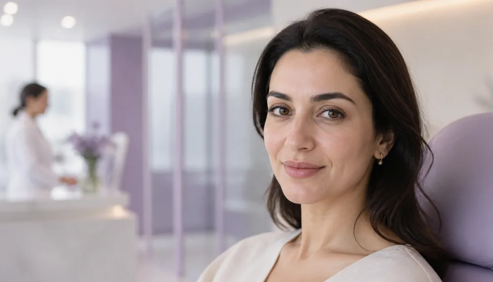 Illustrative under-eye mesotherapy consultation portrait in a Dubai aesthetic clinic
