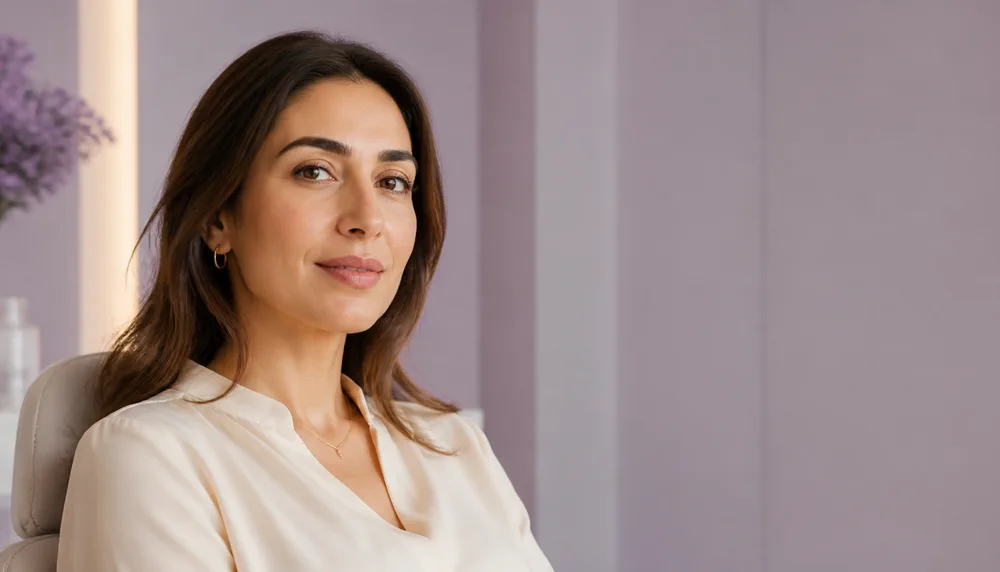 Illustrative under-eye Skin Booster consultation portrait in a Dubai aesthetic clinic
