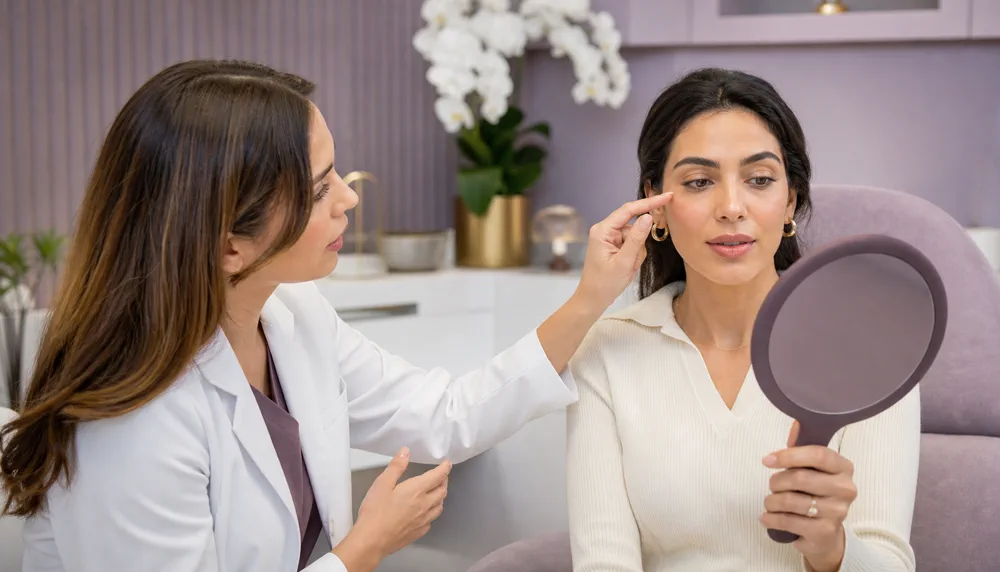 Illustrative clinician and patient reviewing the under-eye area with a hand mirror