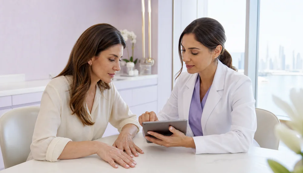 Illustrative clinician and patient reviewing dorsal-hand volume and contour during consultation