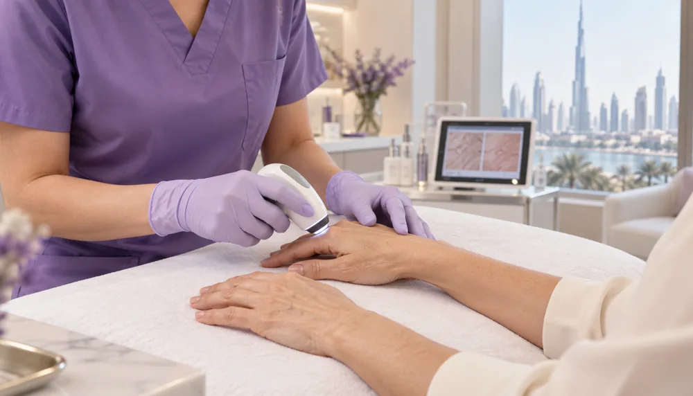 Clinician assessing hydration and skin quality on the back of a patient’s hand