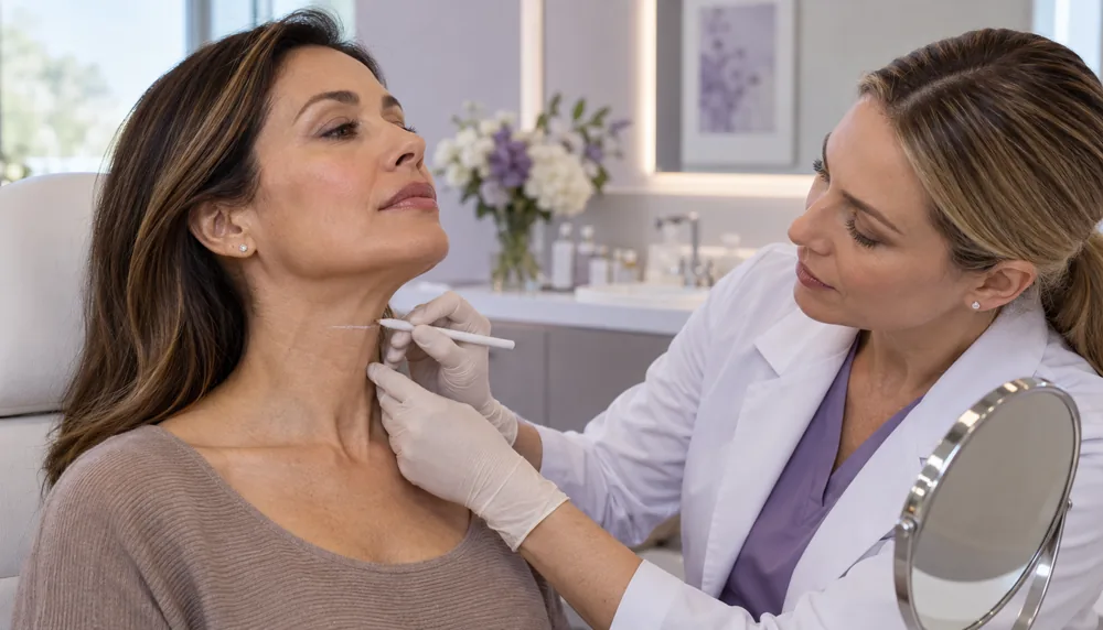 Clinician marking a selected horizontal neck line during a neck filler suitability assessment