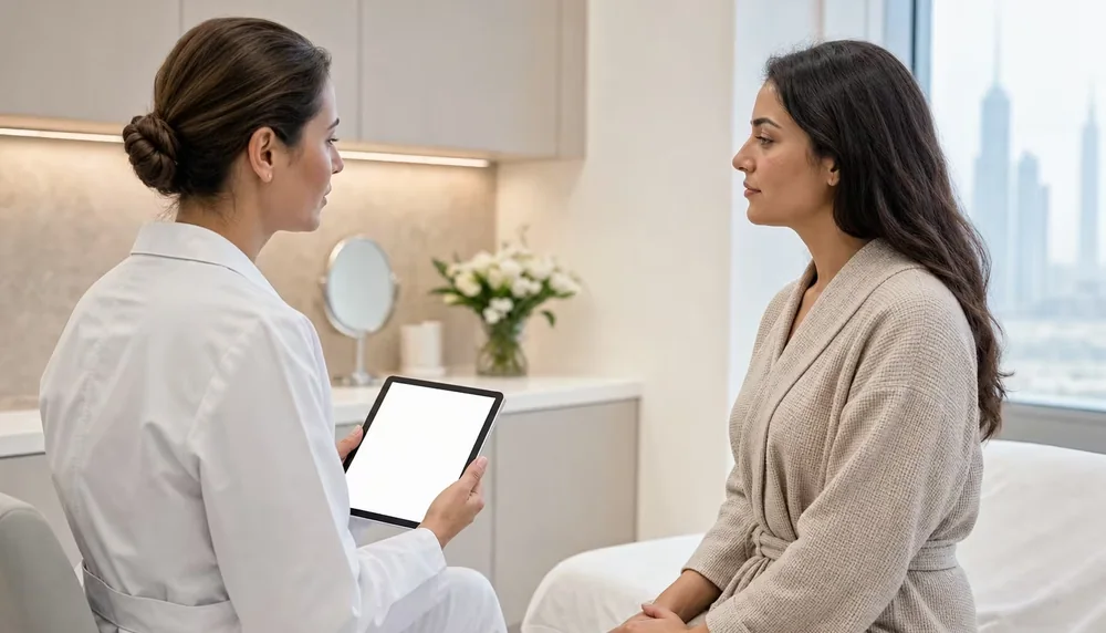 Illustrative clinician and patient treatment consultation in a modern Dubai aesthetic clinic