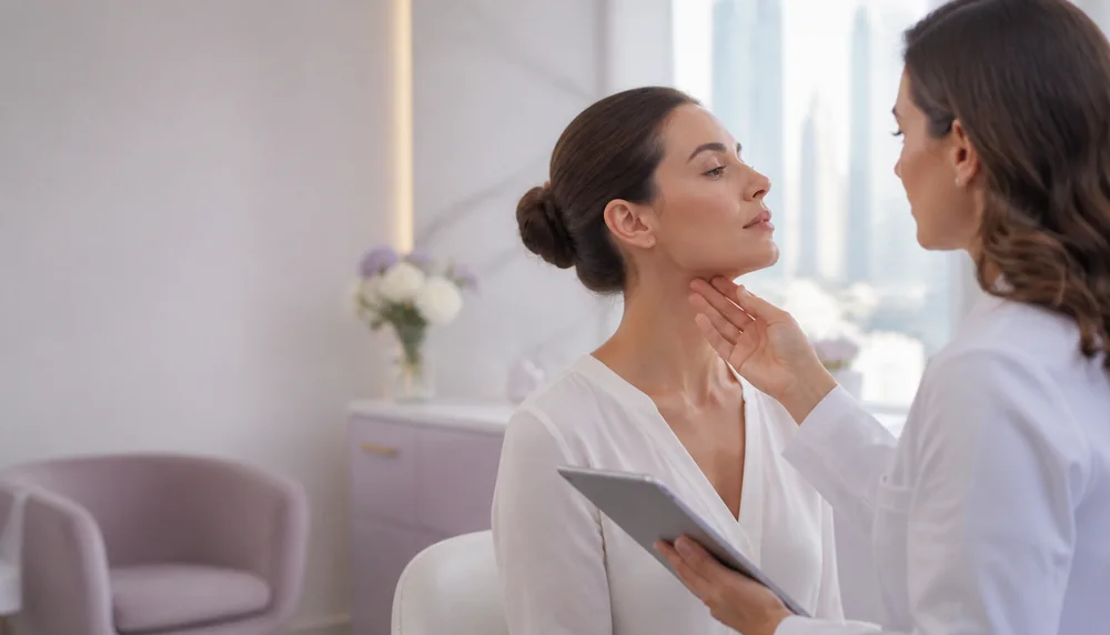 Illustrative clinician assessment of an adult patient neck and jawline during consultation