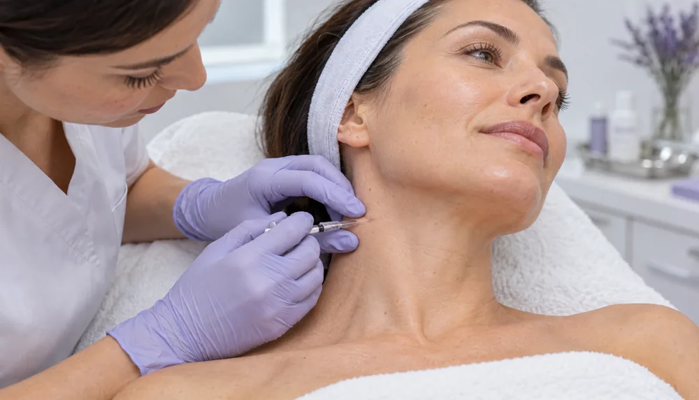 Clinician performing a fine superficial mesotherapy injection in the lateral neck skin