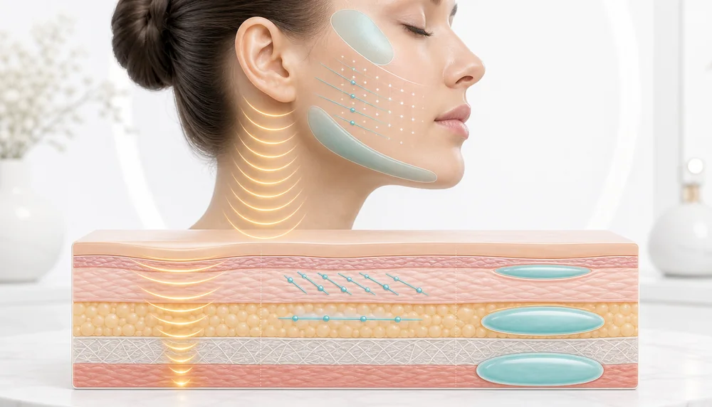 Illustrative neck anatomy and skin-layer visual for a treatment-area discussion