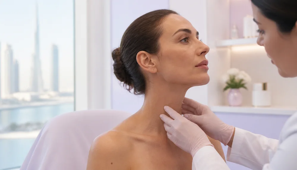 Illustrative clinician assessment of an adult patient neck in a calm Dubai aesthetic clinic
