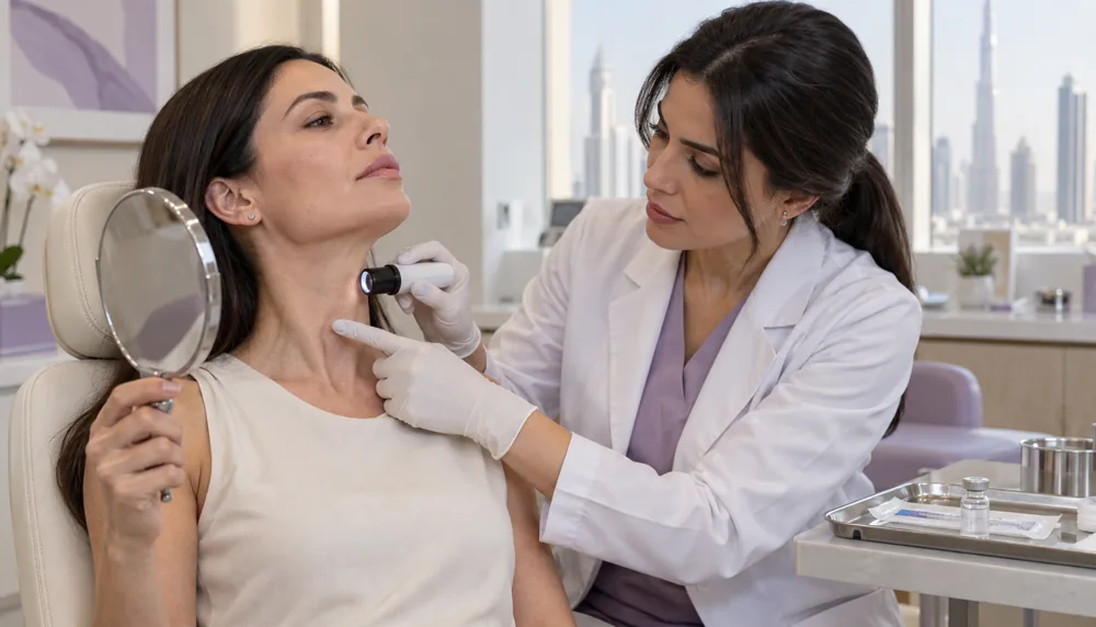Clinician using a hydration probe while the patient reviews the neck skin area in a mirror