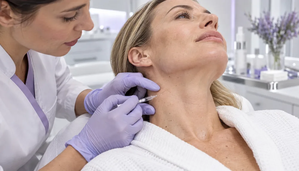Clinician performing a fine superficial Neck Skin Booster injection for neck skin quality