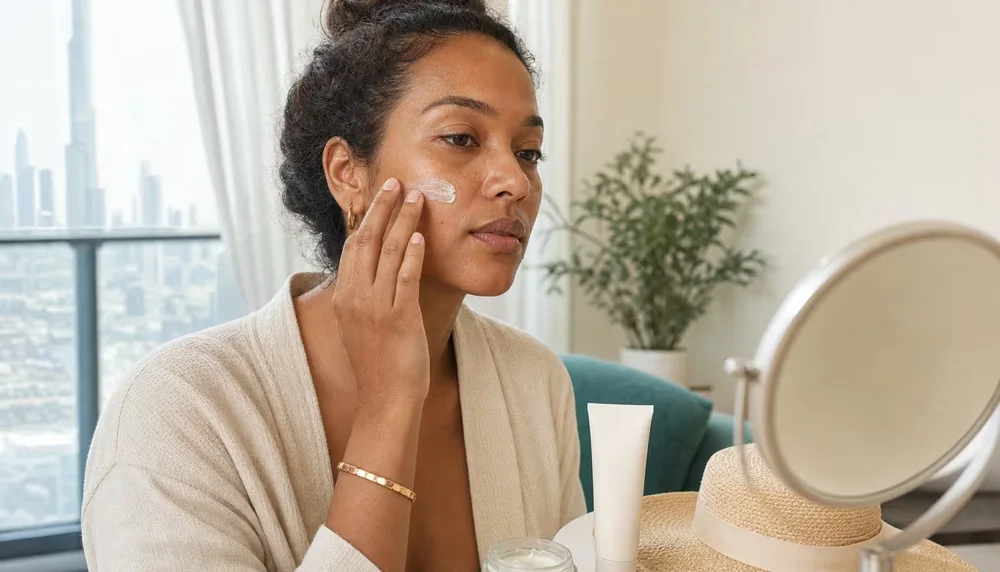 Illustrative adult patient reviewing neck skin quality in a calm Dubai clinic setting