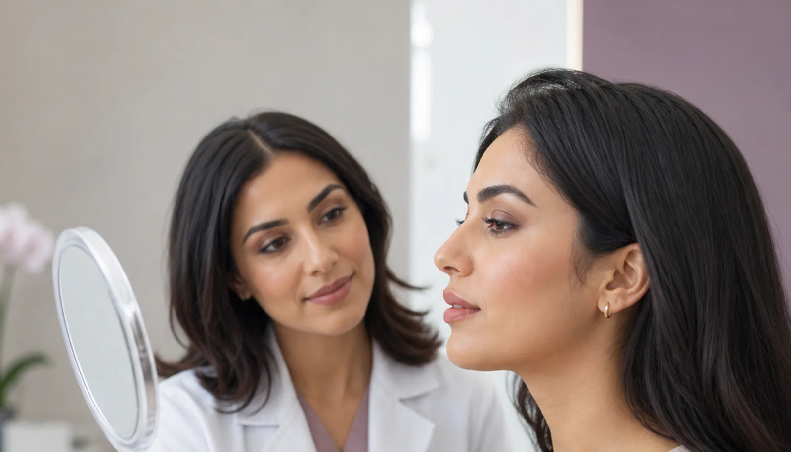 Illustrative clinician-led profile consultation with a patient viewing a handheld mirror