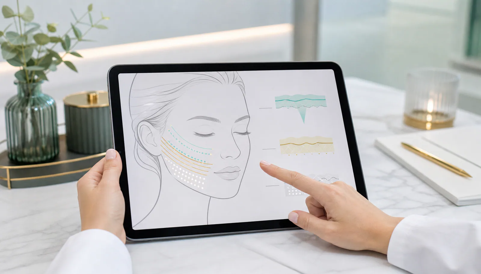 Illustrative face-proportion planning graphic for a thread-lift consultation