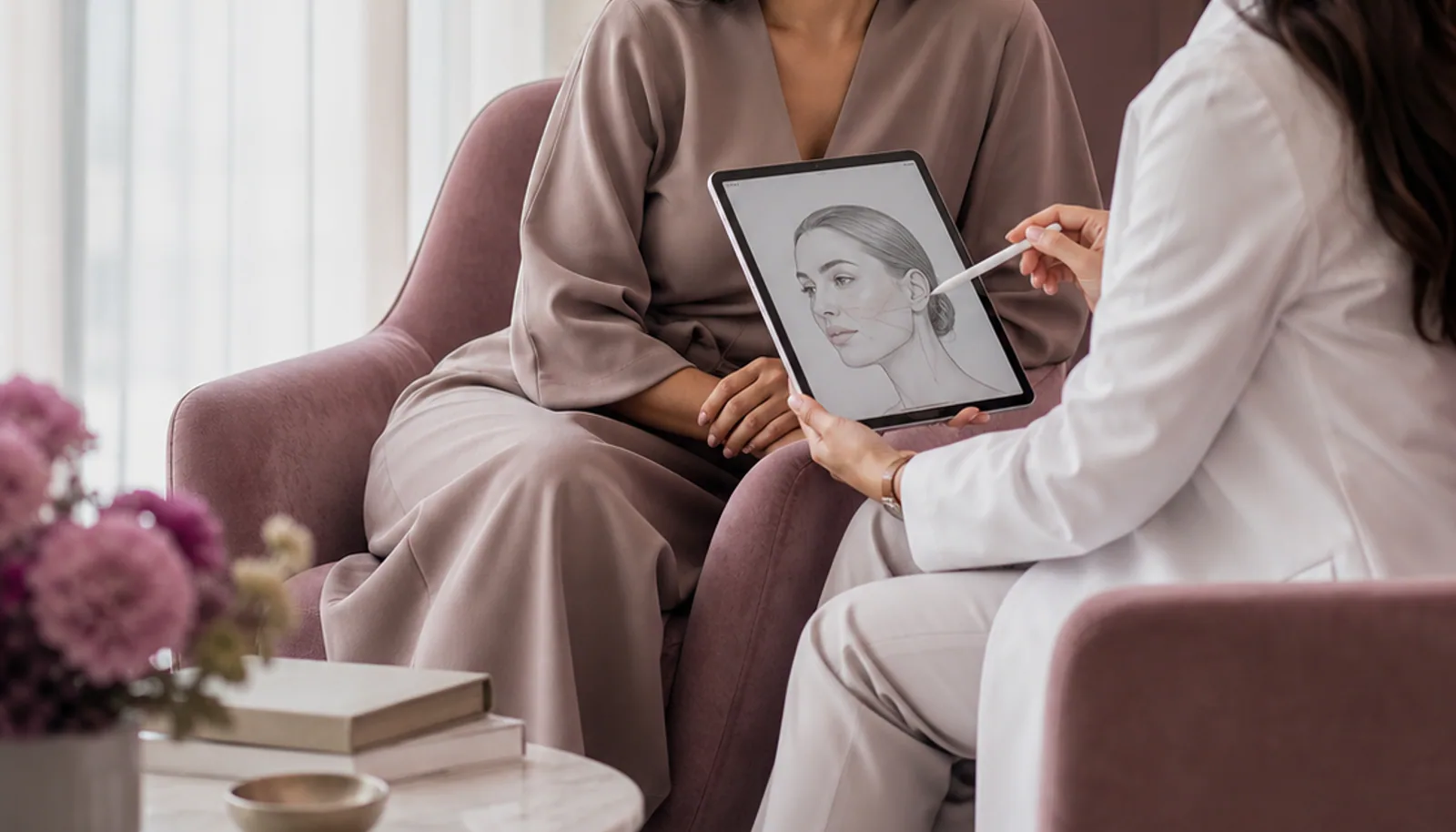 Illustrative clinician-led consultation about facial balance and thread-lift planning